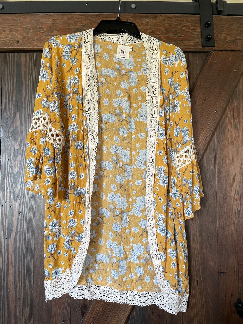 Floral Lace-Trim Mustard Kimono Cardigan - Womens Sweater